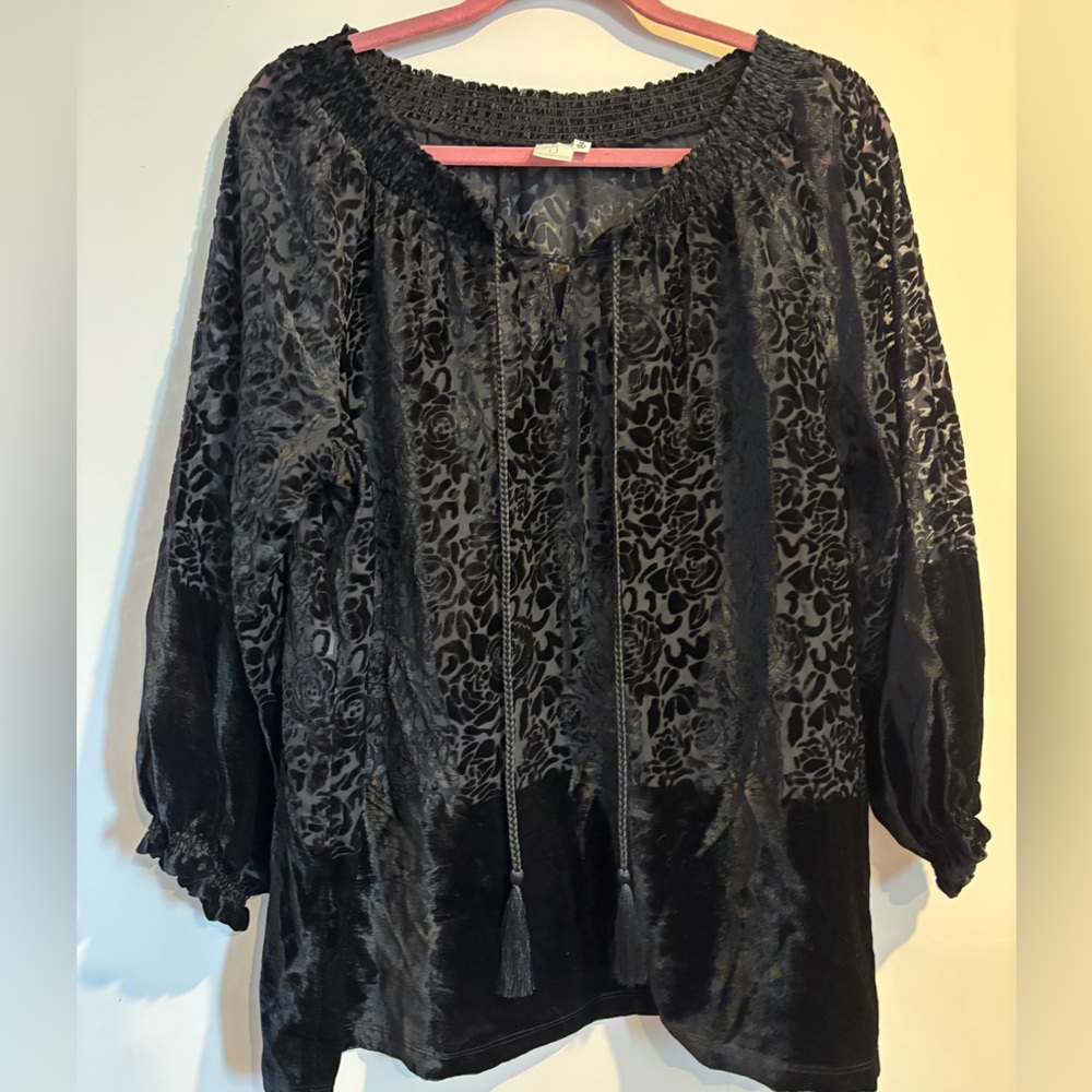 Jones New York Black Velvet and Sheer Floral Blouse